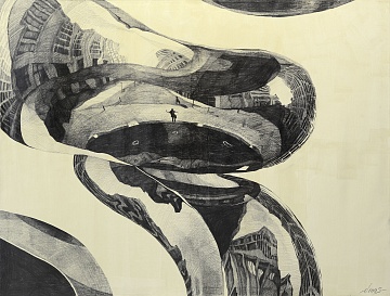 "Cityscape with reflections of figures on steel", 2010s